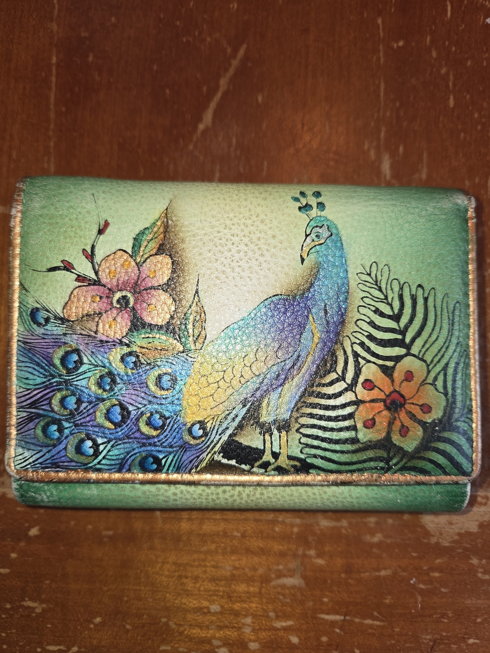 ANUSCHKA Peacock-Printed Genuine Leather Wallet in Teal and Blue